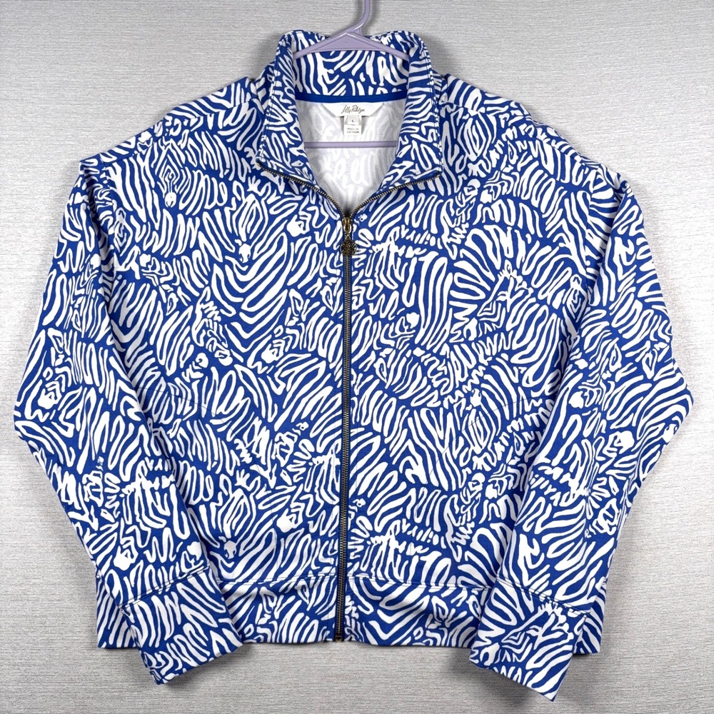 Lilly Pulitzer Wrenley UPF 50 Zip Up Jacket Womens Size L Blue White